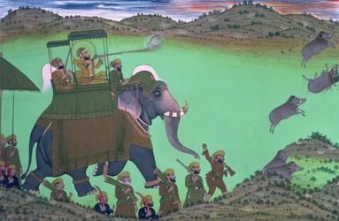 Maharana Sarup Singh z Udaipuru střílí kance ze sloního hřbetu, Rádžasthán, 1855